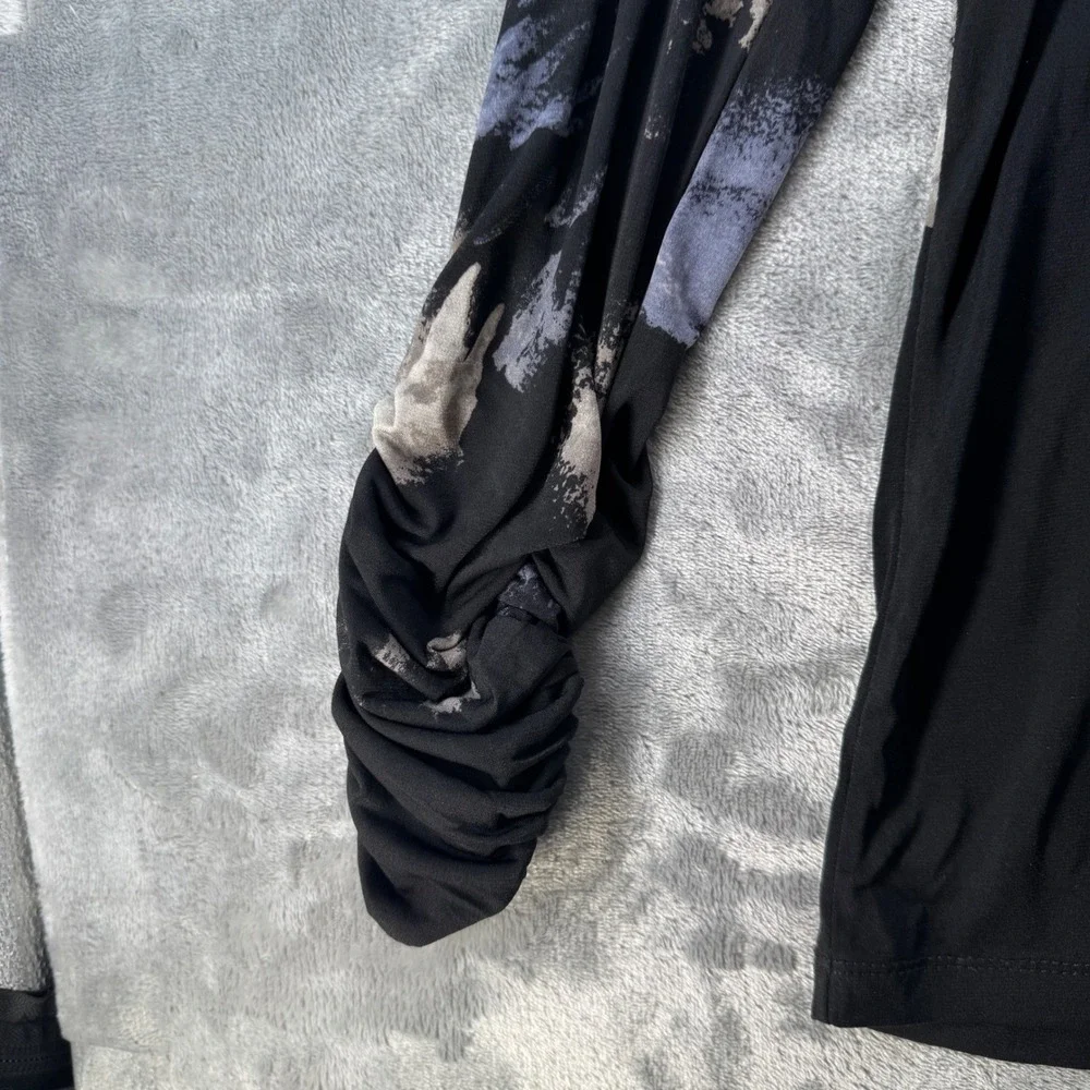 Susan Graver Mens Black Grey Floral Mock Neck Ruched Sleeve‎ Top XSP